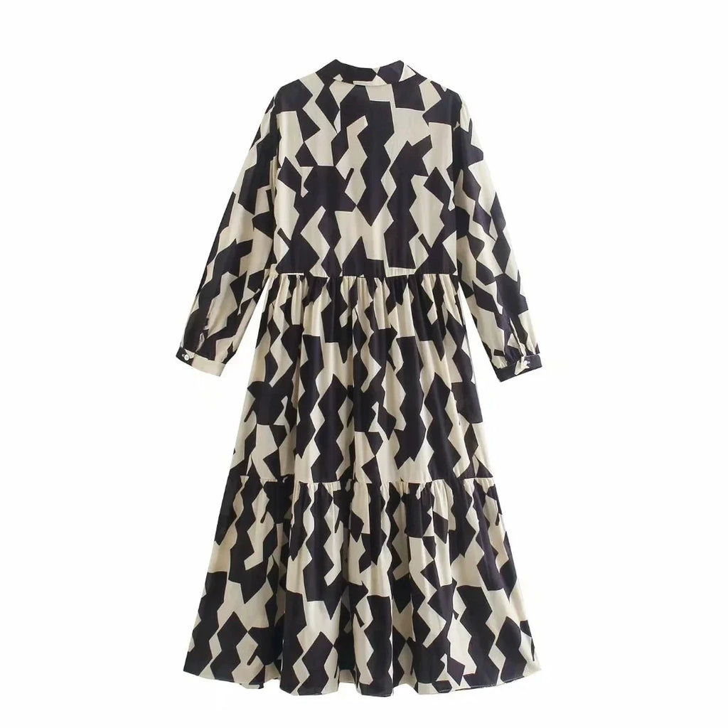 Foridol Geometric Print Black Shirt Dress Casual Elegant Autumn Winter Women's New Dress Vestidos Robe Femme Long Sleeve Dress