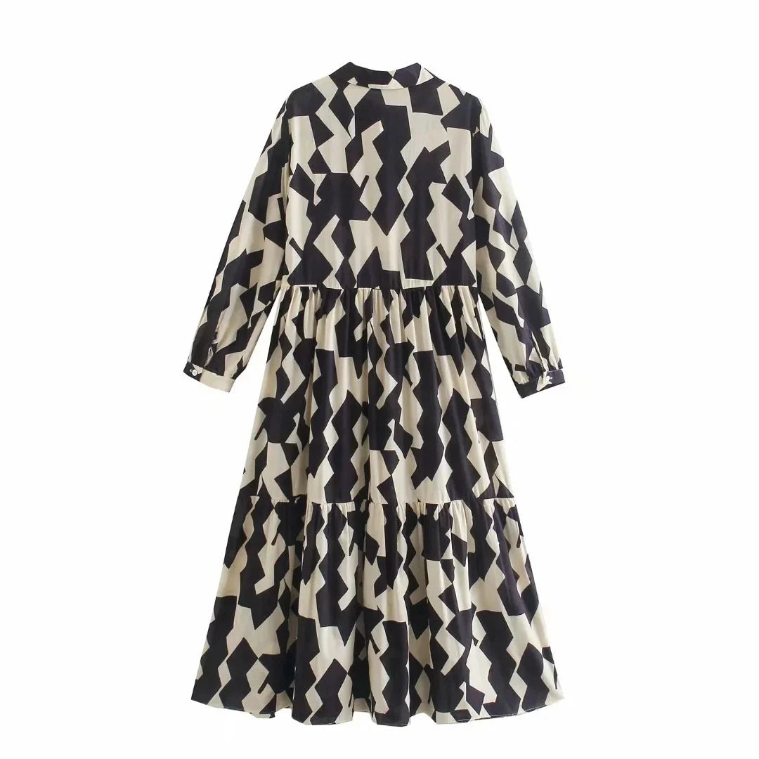 Foridol Geometric Print Black Shirt Dress Casual Elegant Autumn Winter Women's New Dress Vestidos Robe Femme Long Sleeve Dress