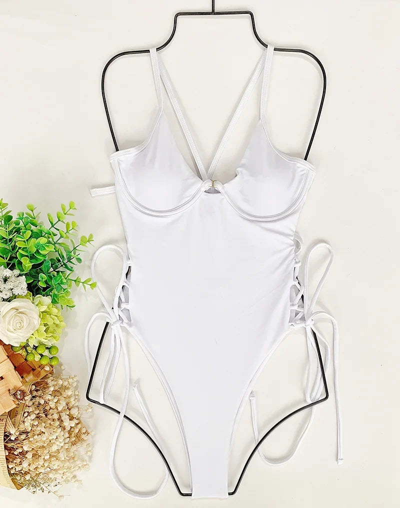 Splicing High Cut Out One Piece Swimsuit Women Tassel Swimwear Female Sexy Bathing Suit String Leopard Bikini 2025 Monokini Lady