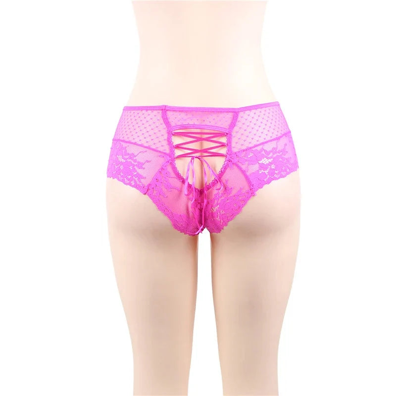 Pink High Waist Lace Strappy Panty for Women Sexy See Through Mesh Thong Underwear Plus Size Breathable