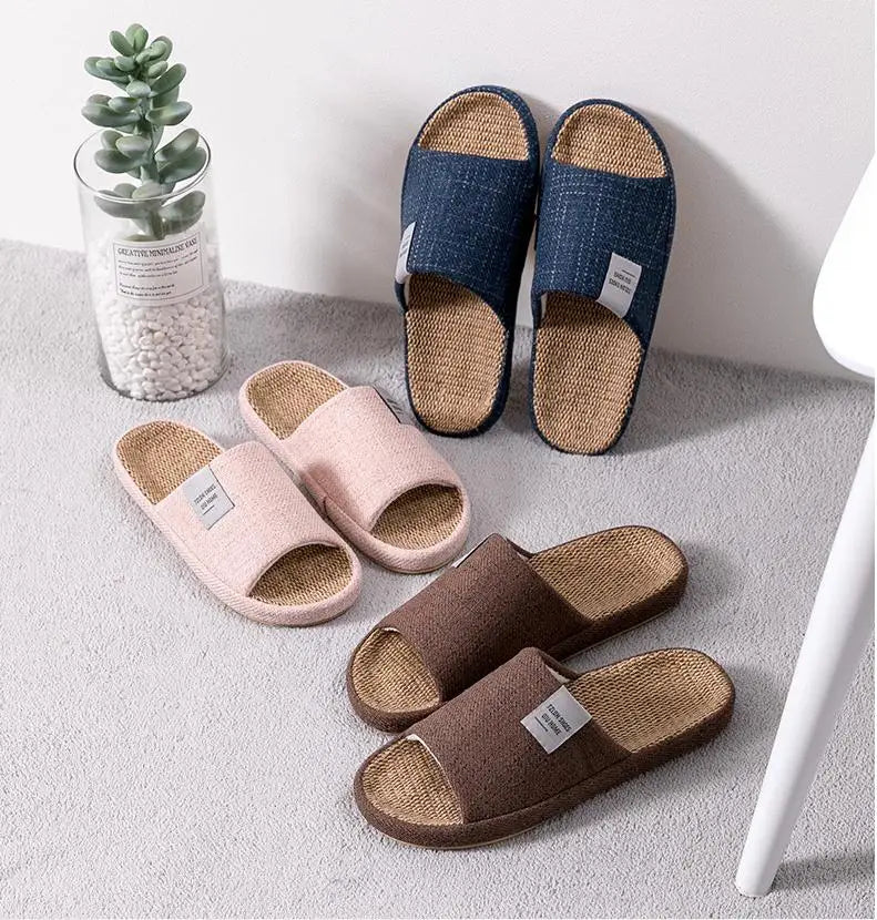 Breathable Flax Slippers Women Men Indoor Mute Slipper Anti-slip Lovers House Floor Shoes Soft  Ladies Summer Home Slides