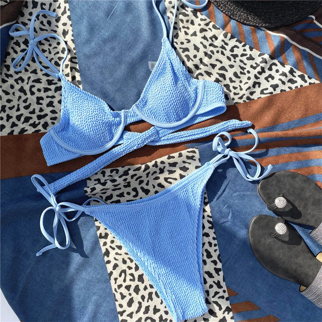 Wrinkled Strappy Underwired Bra Cup Bikini Female Swimsuit Women Swimwear Two-pieces Bikini set Bather Bathing Suit Swim K3097