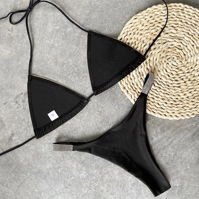Shiny Sequins Diamond Micro Bikini 2025 Women Swimsuit Female Halter Swimwear Two Pieces Bikini Set Brazilian Bathing Suit Swim