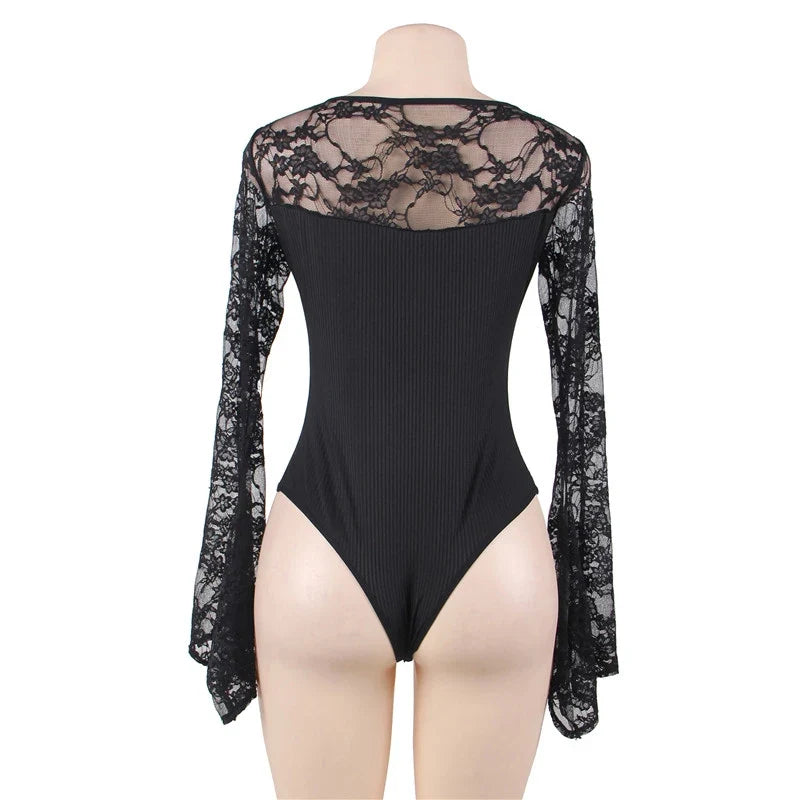 Bodysuits Women Top Fashion V Neck Lace Skinny Lingerie Leotard Black Mesh Salopette Teddy Femme Horn Sleeves Rompers Jumpsuits