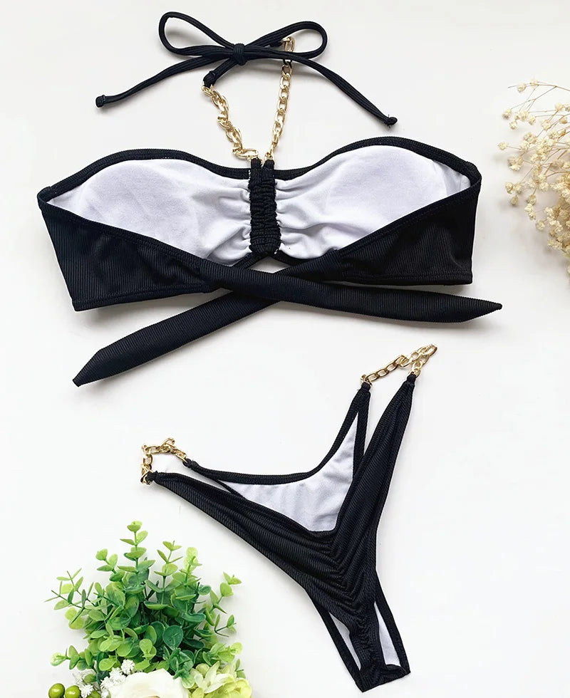 New Halter Ribbed Brazilian Bikini Female Swimsuit Women Swimwear Two pieces Bikini set Metal Chains Bather Bathing Suit Swim