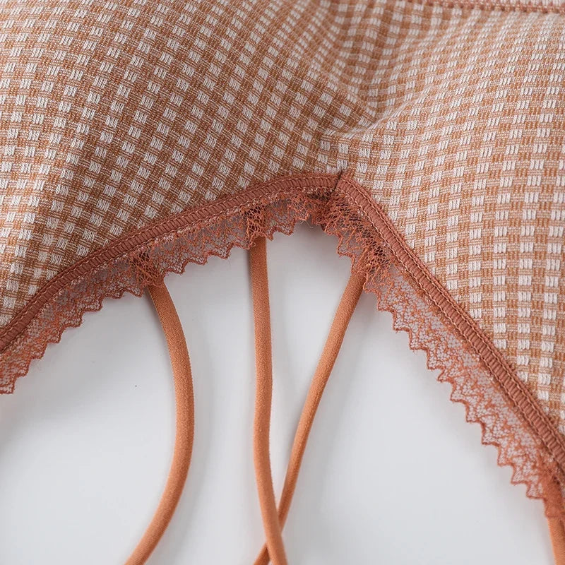 Gingham Lace Cross-Back Bralette Wireless Wrap Bra Sexy Lingerie Stretchy Beauty Cross Back Underwear Plaid Lace Trim Tube Bra