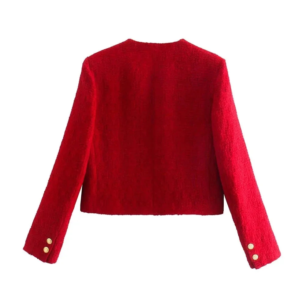 Foridol Double Breasted O Neck Short Blazer Skirt Sets Two Pieces Office Ladies Red Winter Thick Cozy Suits Elegant Blazer Top