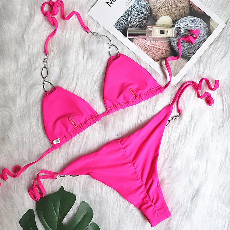 Sexy Halter Diamond Bikini Women Swimsuit Female Metal Chains Swimwear Two Pieces Bikini set Brazilian Bather Bathing Suit Swim