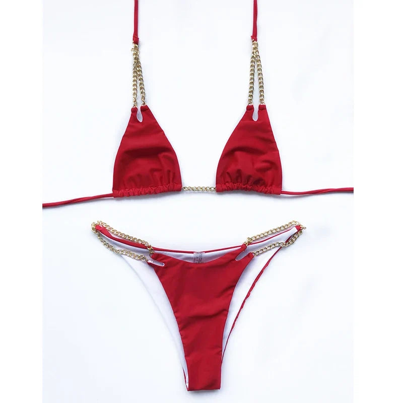 Sexy Halter Metal Chains Brazilian Bikini 2025 Women Swimsuit Female Swimwear Two Pieces Bikini Set Bathing Suit Swim Beach Wear