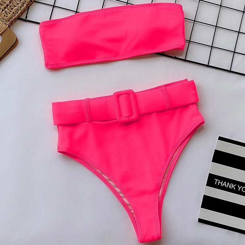 Neon Green Bandeau Swimsuit High Waist Bikini 2025 Women Swimwear Female Two pieces Bikini set Buckle Waistband bathing suit