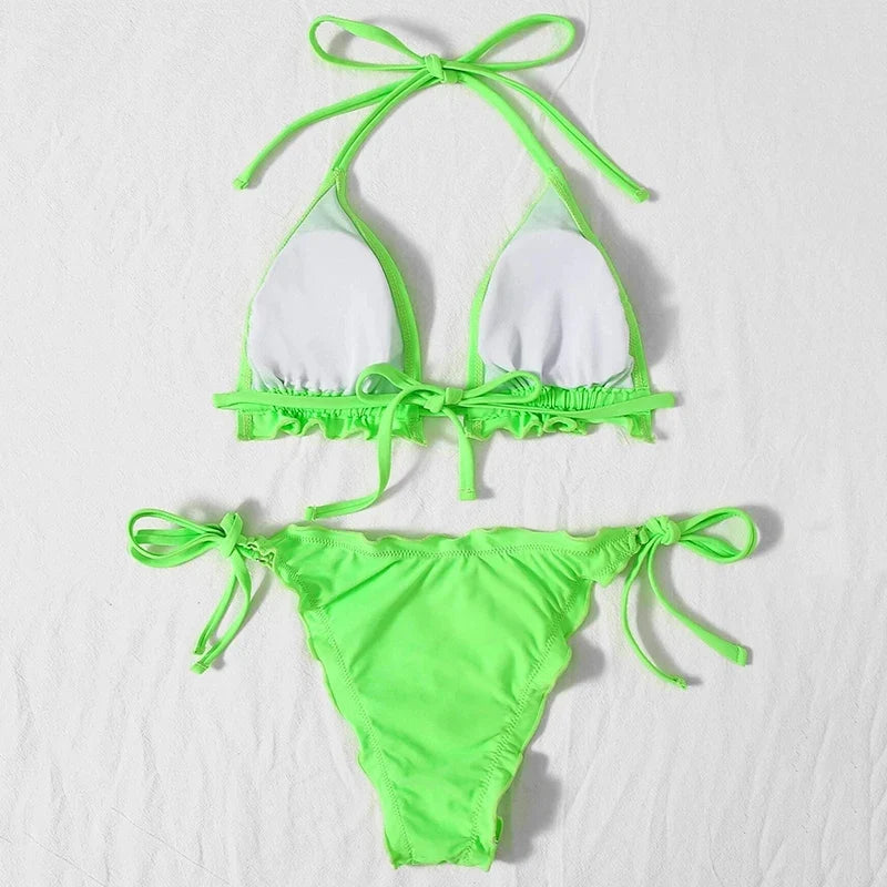 Halter String Ruffled Frilled Bikini 2026 Women Swimsuit Female Swimwear Two Pieces Bikini Set Padded Bather Bathing Suit Swim