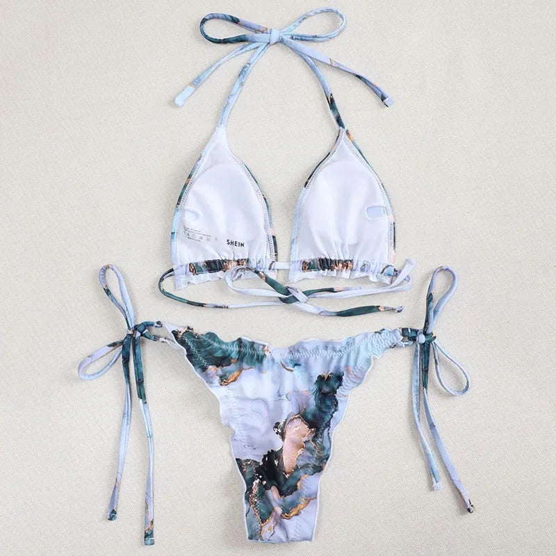 Halter String Ruffled Frilled Bikini 2026 Women Swimsuit Female Swimwear Two Pieces Bikini Set Padded Bather Bathing Suit Swim