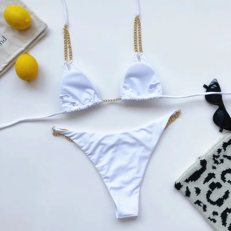 Sexy Halter Metal Chains Brazilian Bikini 2025 Women Swimsuit Female Swimwear Two Pieces Bikini Set Bathing Suit Swim Beach Wear