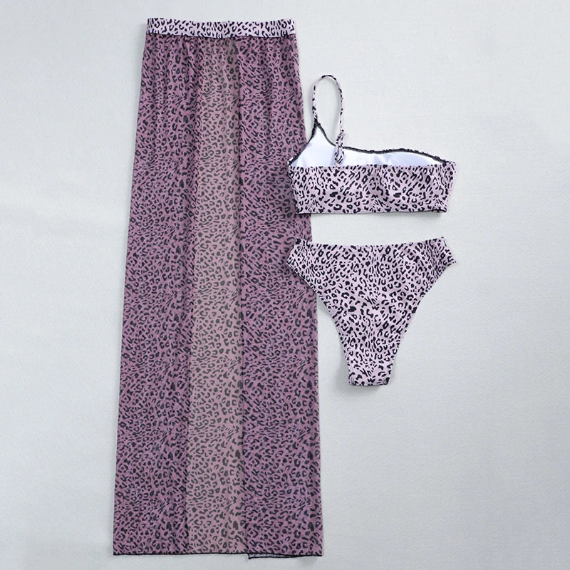 New One shoulder Bikini 2025 Female Swimsuit Women Swimwear Three-pieces Bikini set Mesh Long Skirt Beach wear Bathing Suit Swim