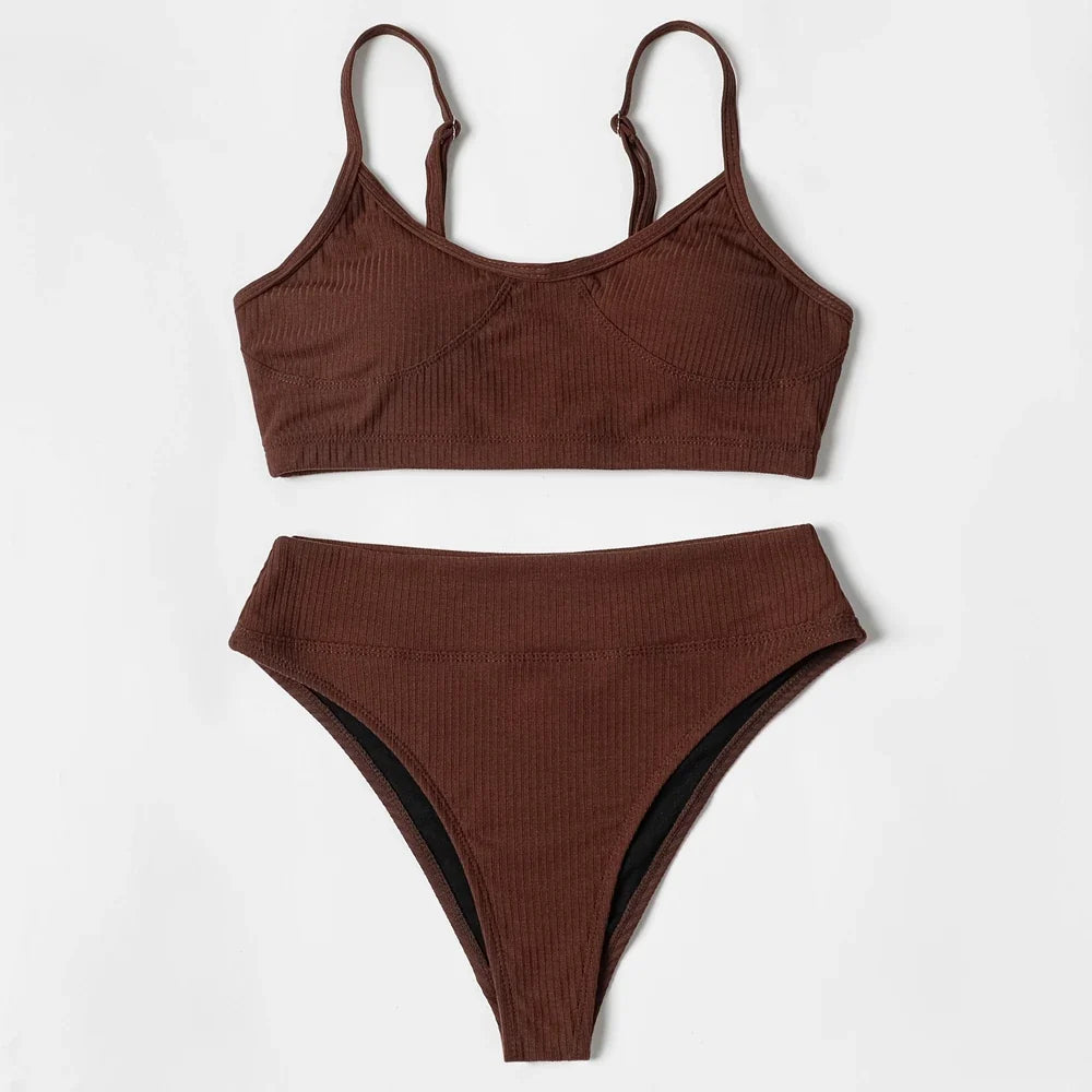 ZTVitality Push Up Solid High Waist Bikini 2025 New Straps Padded Ribbed Sexy Swimsuit Beachwear Swimwear Women Bathing Suit S-L