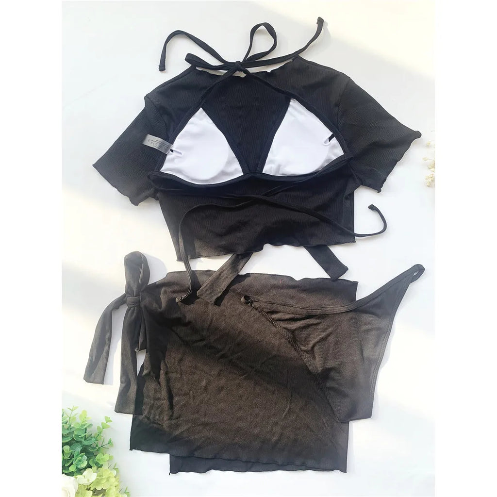 XS - L Ribbed Halter Bikini Women Swimwear Female Swimsuit Four-pieces Bikini set With Sarong Bather Bathing Suit Swim V3152B