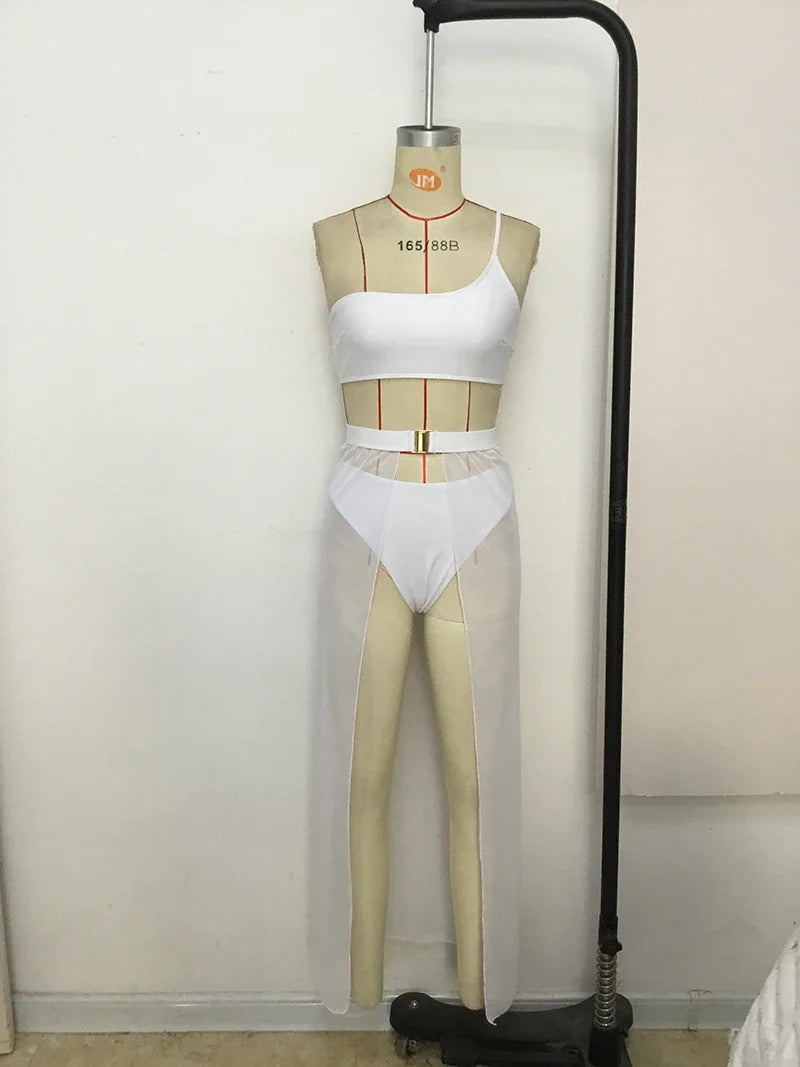 New One shoulder Bikini 2025 Female Swimsuit Women Swimwear Three-pieces Bikini set Mesh Long Skirt Beach wear Bathing Suit Swim