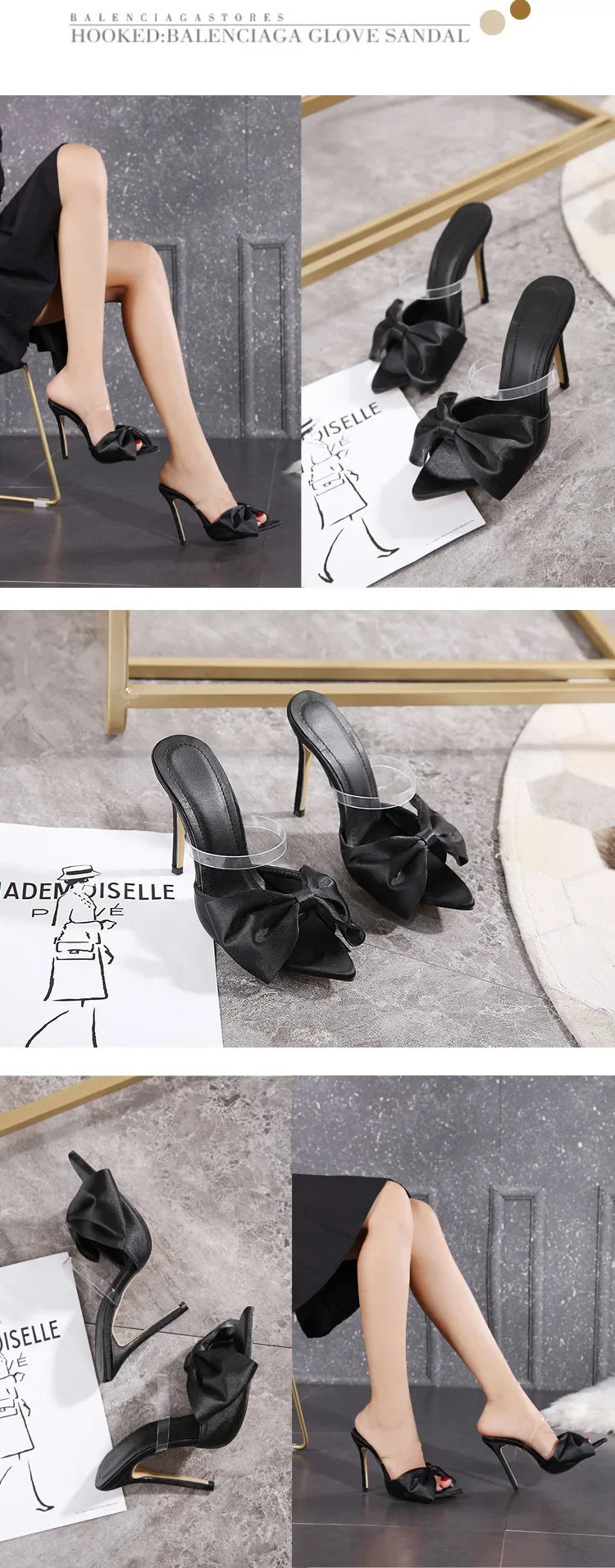 2025 Silk Butterfly Knot Women PVC Slippers Mule 11cm High Heels Slippers Luxury Sandals Pointed Toe Strappy Slides Party Shoes