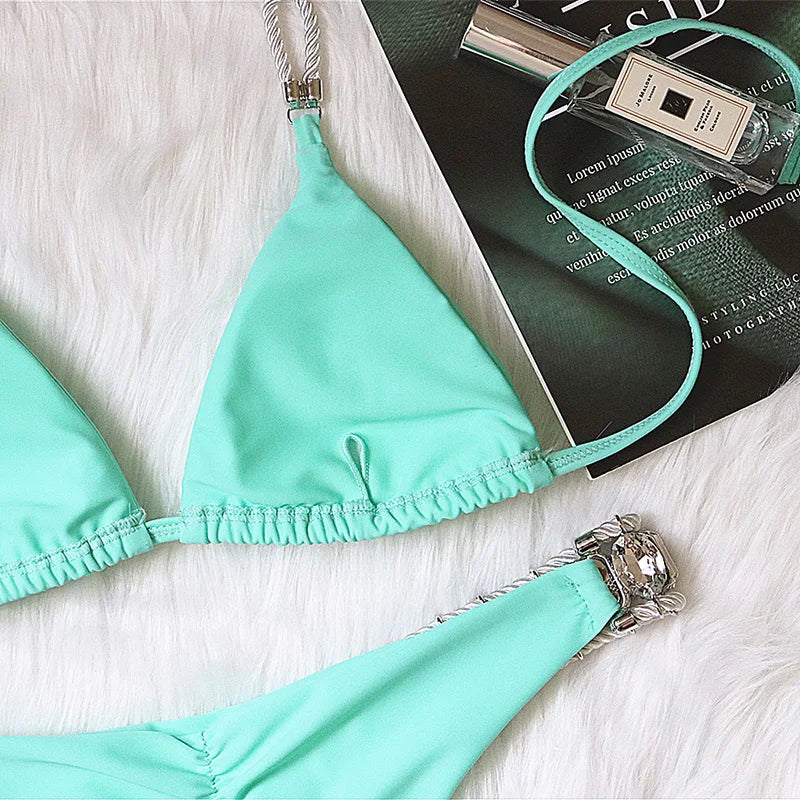 2026 Halter Shiny Crystal Diamond Bikini Women Swimsuit Female Swimwear Rhinestone Bikini Set Rhinestone Brazilian Bathing Suit