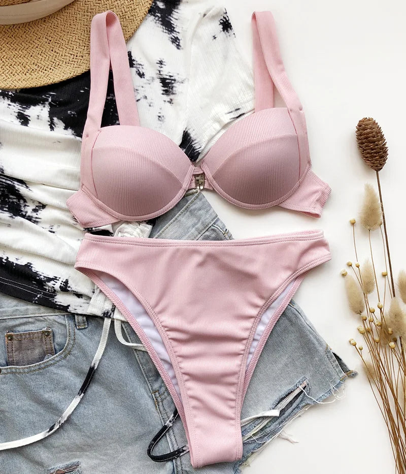 Sexy Ribbed Bra Cup High Waist Bikini Women Swimsuit Female Swimwear Two Pieces Bikini set Push Up Bather Bathing Suit Swim Lady