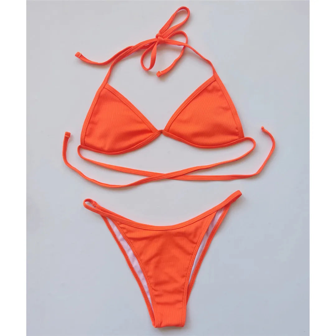 XS - L Ribbed Halter Bikini Women Swimwear Female Swimsuit Four-pieces Bikini set With Sarong Bather Bathing Suit Swim V3152B