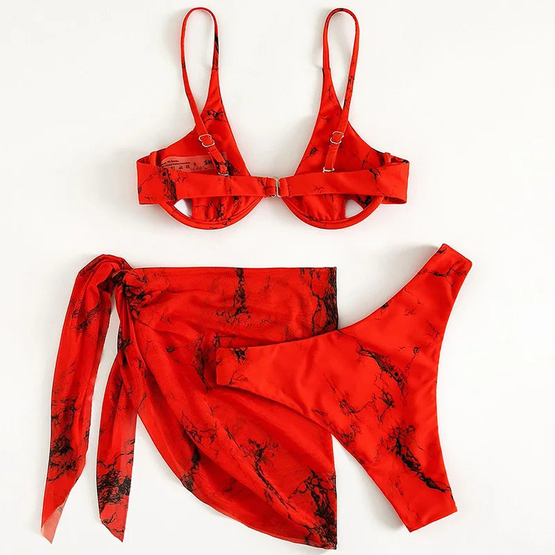 Marble Print V-Bar Underwired Bikini Women Swimsuit Female Swimwear Three-pieces Bikini Set Push Up Bathing Suit Beach Sarong
