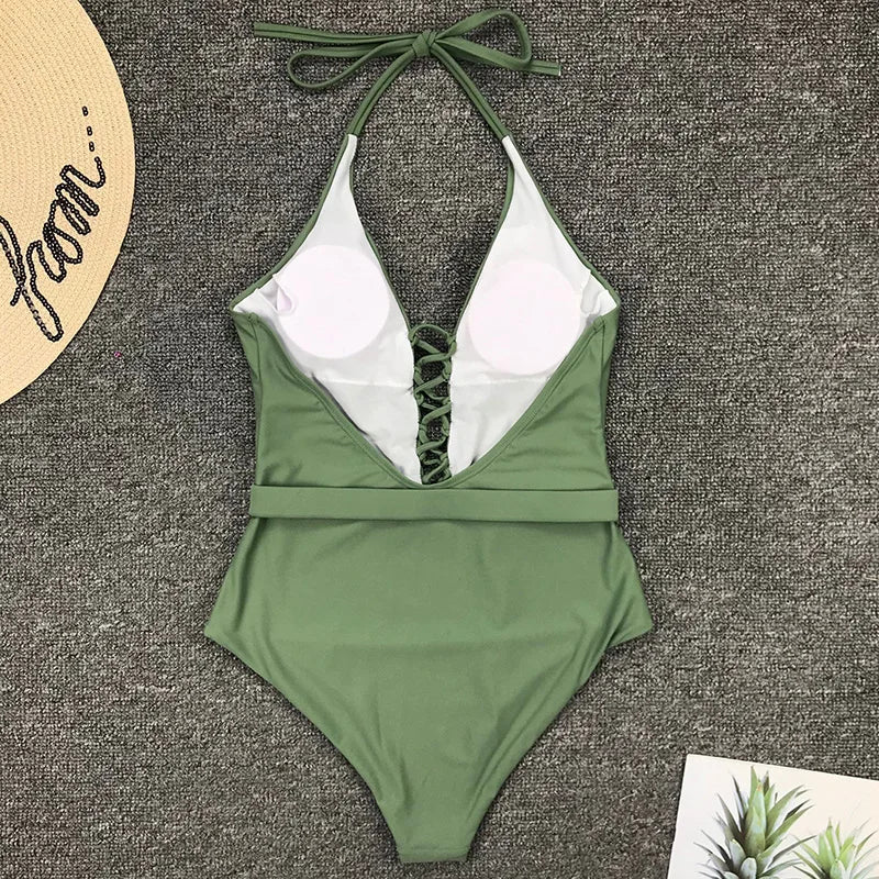 2025 Sexy Lace Up Halter Female Swimwear One Piece Swimsuit Women Backless Monokini with Waist Belt Bathing Suit Swim Bodysuit