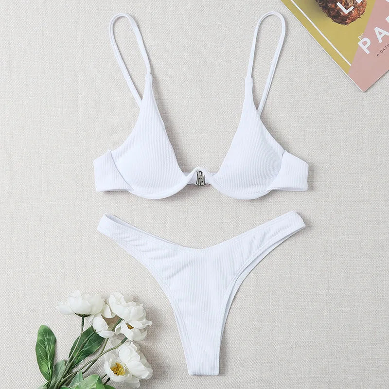 Sexy Underwire Bikini 2026 Mujer Women Solid Red Push Up Bra Thong Swimsuit Haler V Neck Bathing Suit Mini Micro Thong Swimwear