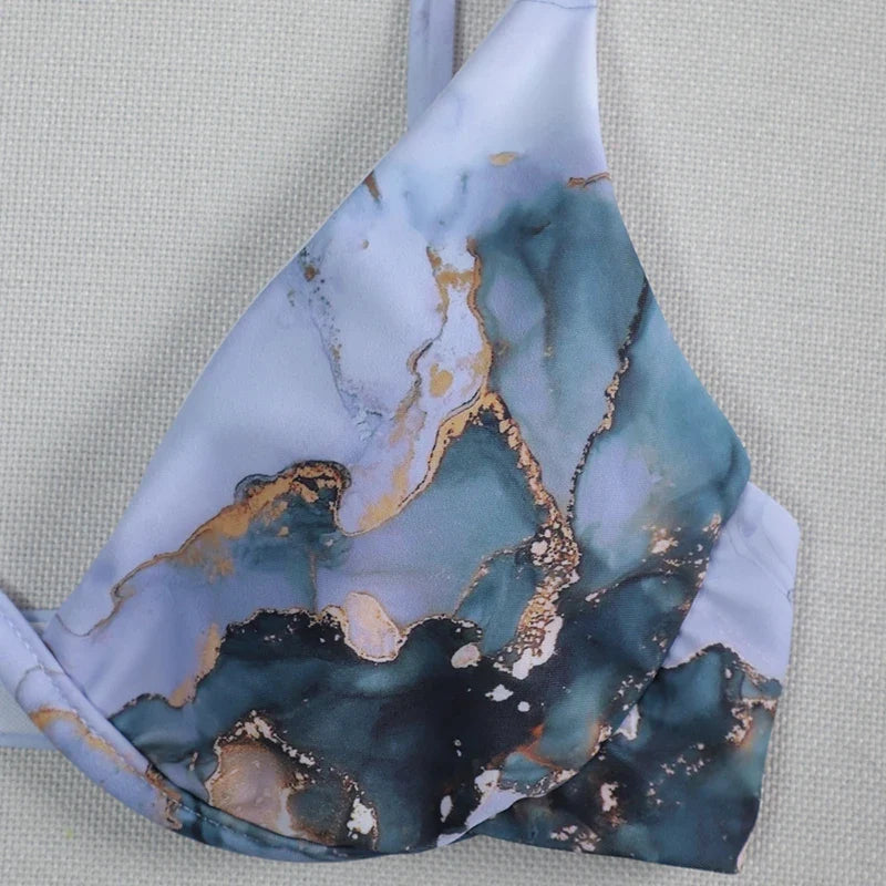 Marble Print V-Bar Underwired Bikini Women Swimsuit Female Swimwear Three-pieces Bikini Set Push Up Bathing Suit Beach Sarong