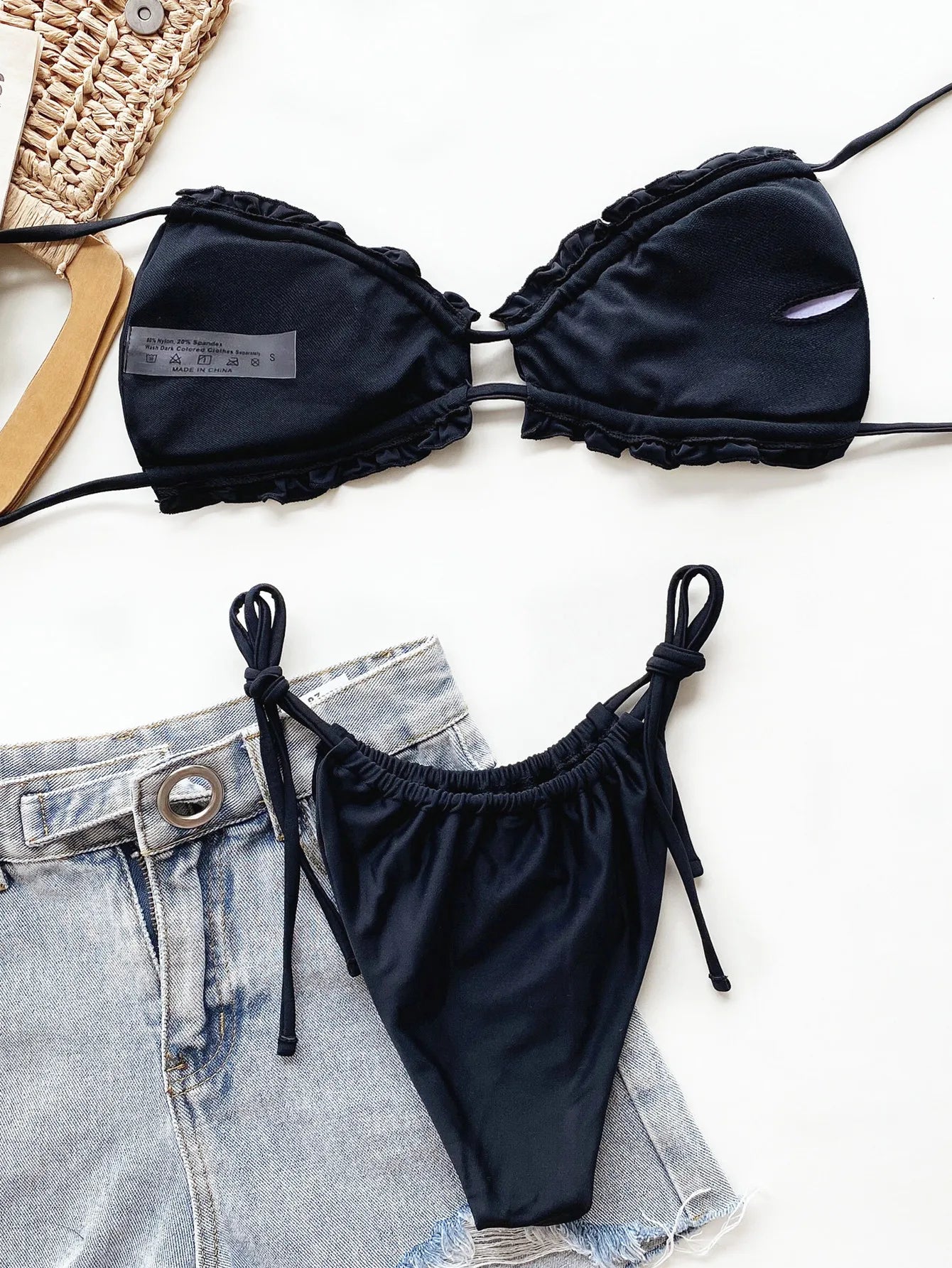 Pleated Swimsuit Women Hollow Out Bandage Ruffles Push Up Triangle Bikini Brazilian Black Green Bathing Suit Micro Swimwear 2025