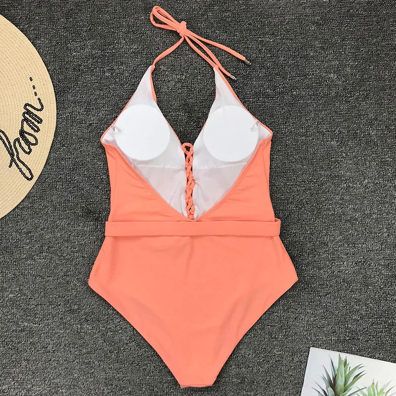 2025 Sexy Lace Up Halter Female Swimwear One Piece Swimsuit Women Backless Monokini with Waist Belt Bathing Suit Swim Bodysuit