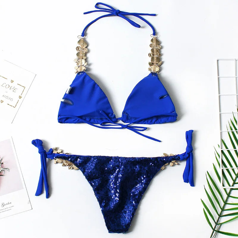 Sparkling Shiny Sequins Rhinestone Diamond Bikini Women Swimwear Female Swimsuit Two Pieces Bikini Set Halter Bathing Suit Swim