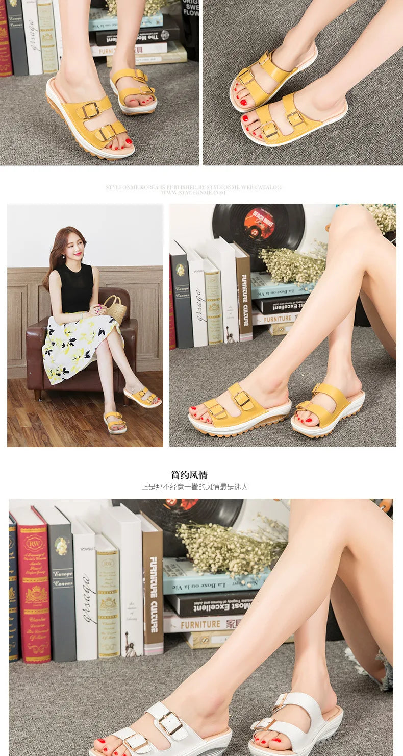 2021New Women Sandals Wedges Sandals Ladies Open Toe Round Toe Buckle Black Yellow White Platform Sandals Shoes