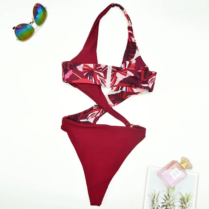 2025 Sexy High Cut Out Halter Female Swimwear One Piece Swimsuit Women Cross Bandage Monokini Bather Bathing Suit Swim Bodysuit