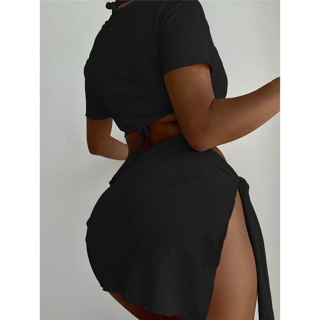 XS - L Ribbed Halter Bikini Women Swimwear Female Swimsuit Four-pieces Bikini set With Sarong Bather Bathing Suit Swim V3152B