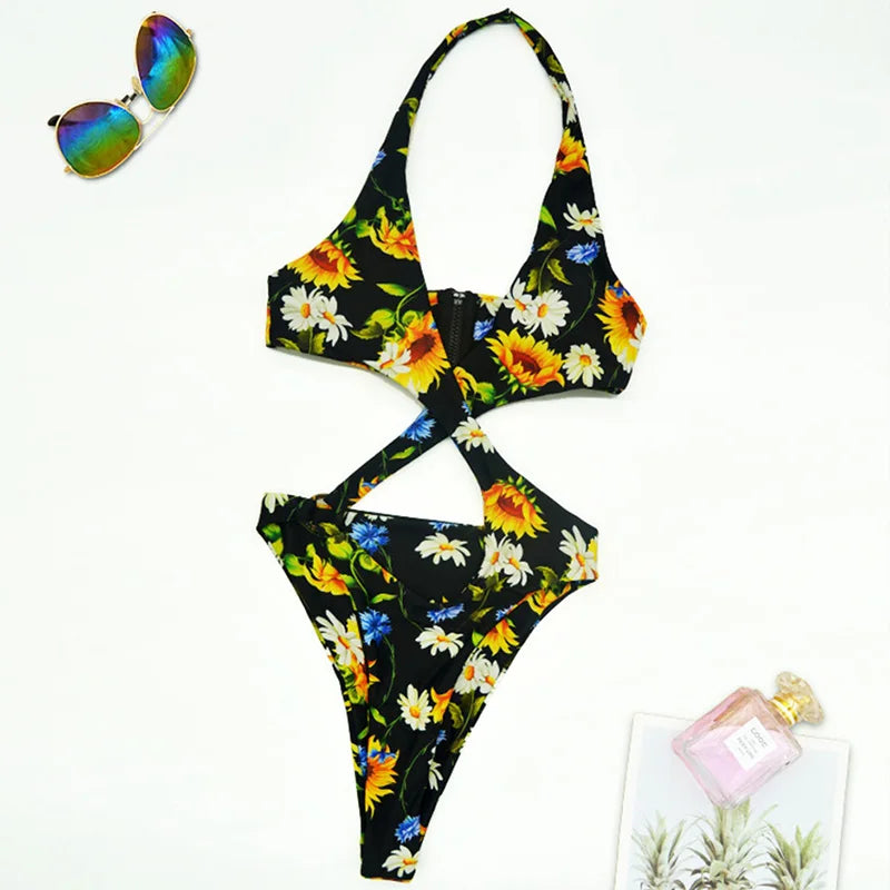 2025 Sexy High Cut Out Halter Female Swimwear One Piece Swimsuit Women Cross Bandage Monokini Bather Bathing Suit Swim Bodysuit