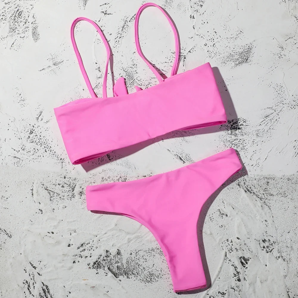 ZTVitality Sexy Solid Bow Bikinis Push Up Bikini 2021 Straps Padded Low Waist Swimsuit Bandage Swimwear Women Brazilian Biquini