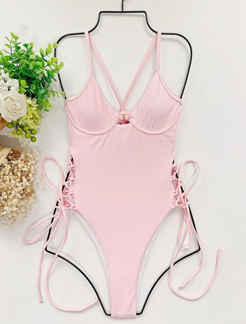 Splicing High Cut Out One Piece Swimsuit Women Tassel Swimwear Female Sexy Bathing Suit String Leopard Bikini 2025 Monokini Lady