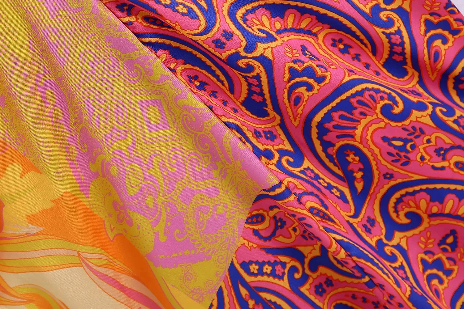 Foridol Paisley Print Batwing Sleeve Kimono Maxi Long Dress Floral Print Half Sleeve Boho Autumn Dress Orange Belt Slit Dress