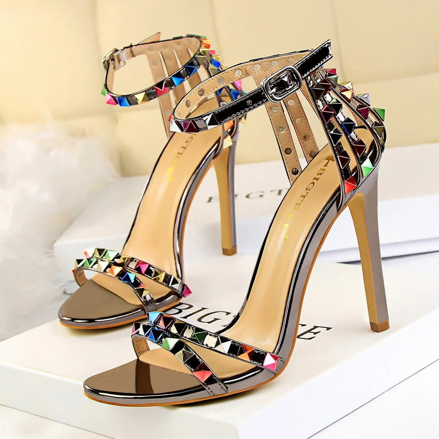 BIGTREE Shoes Color Rivets Women Sandals Roman Style Heeled Sandals Hollow Out High Heels Stiletto Sexy Party Shoes Sandals