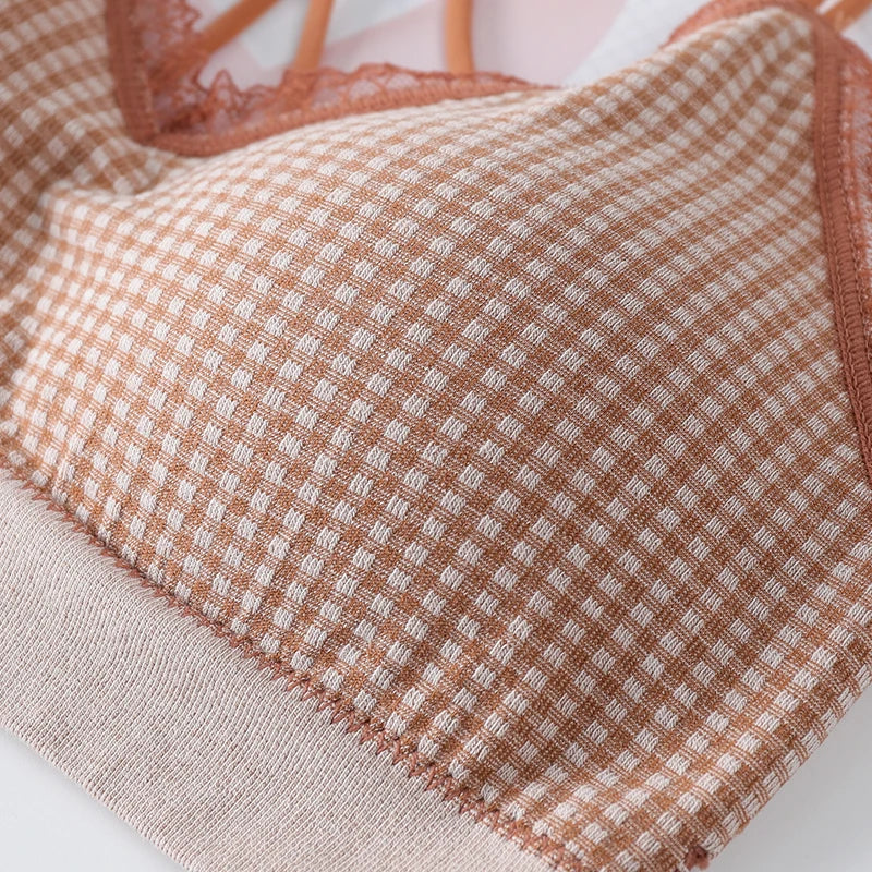 Gingham Lace Cross-Back Bralette Wireless Wrap Bra Sexy Lingerie Stretchy Beauty Cross Back Underwear Plaid Lace Trim Tube Bra
