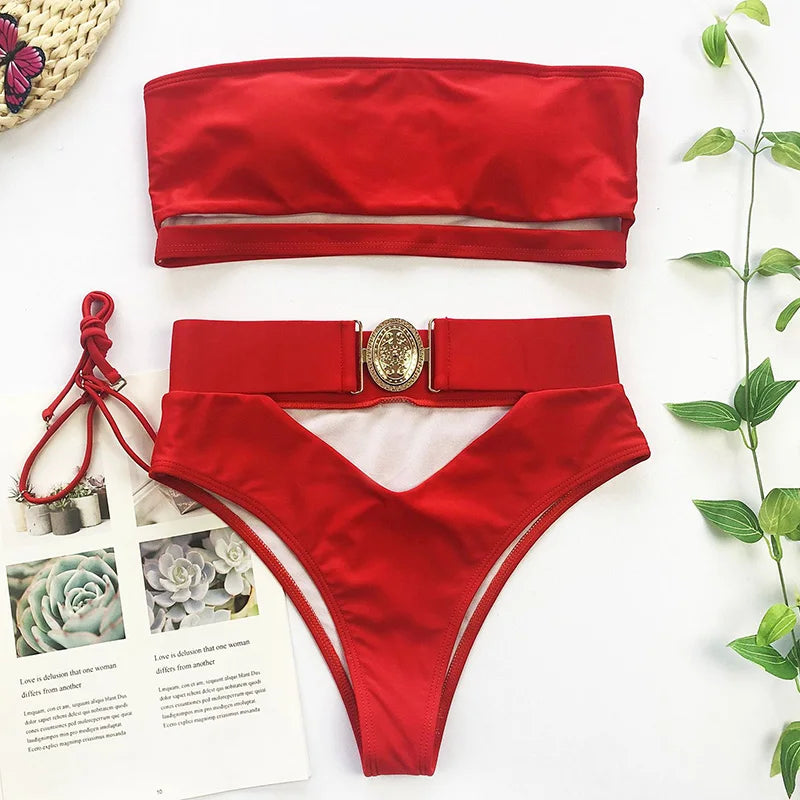 2026 Snake Printed Bandeau Bikini High Waist Swimsuit Women Vintage Swimwear Female Waist Belt Bikini Set Push Up Bathing Suit