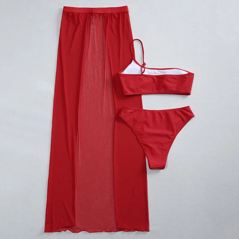 New One shoulder Bikini 2025 Female Swimsuit Women Swimwear Three-pieces Bikini set Mesh Long Skirt Beach wear Bathing Suit Swim