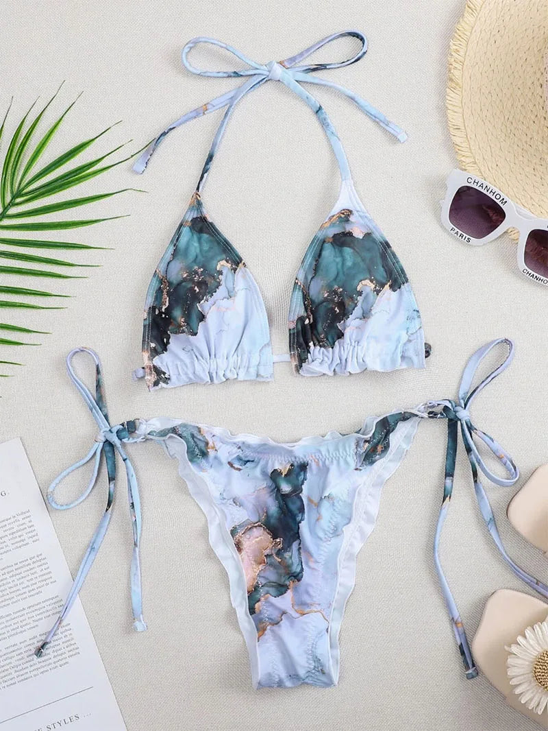 Halter String Ruffled Frilled Bikini 2026 Women Swimsuit Female Swimwear Two Pieces Bikini Set Padded Bather Bathing Suit Swim