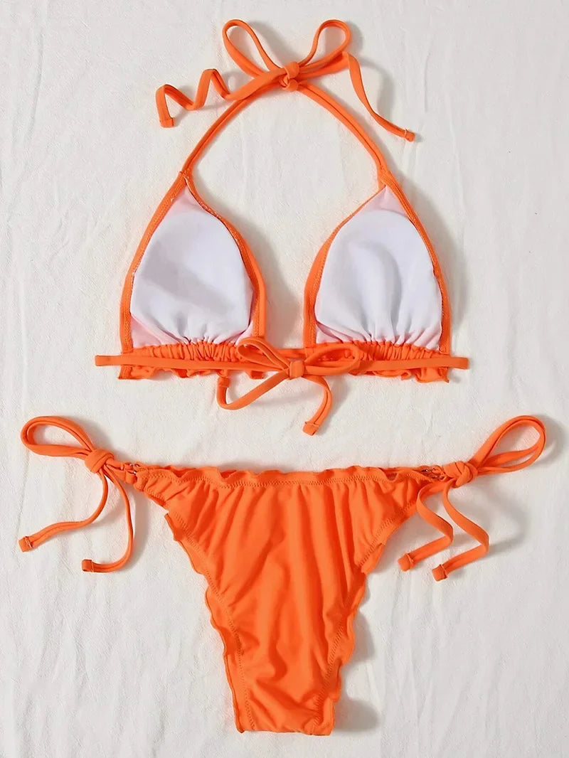 Halter String Ruffled Frilled Bikini 2026 Women Swimsuit Female Swimwear Two Pieces Bikini Set Padded Bather Bathing Suit Swim