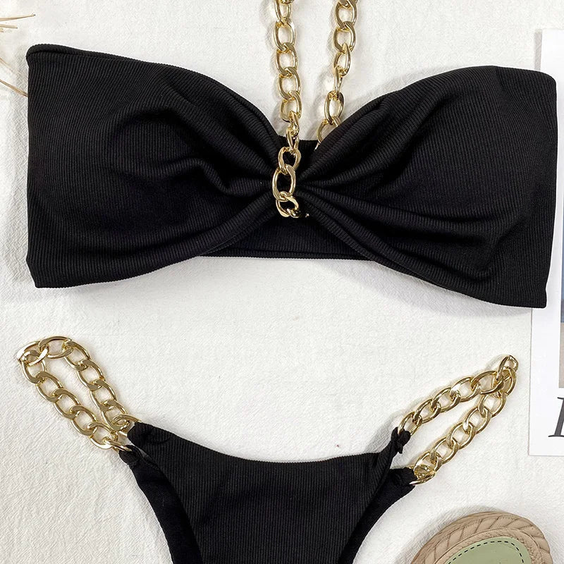New Halter Ribbed Brazilian Bikini Female Swimsuit Women Swimwear Two pieces Bikini set Metal Chains Bather Bathing Suit Swim