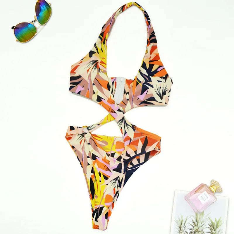 2025 Sexy High Cut Out Halter Female Swimwear One Piece Swimsuit Women Cross Bandage Monokini Bather Bathing Suit Swim Bodysuit