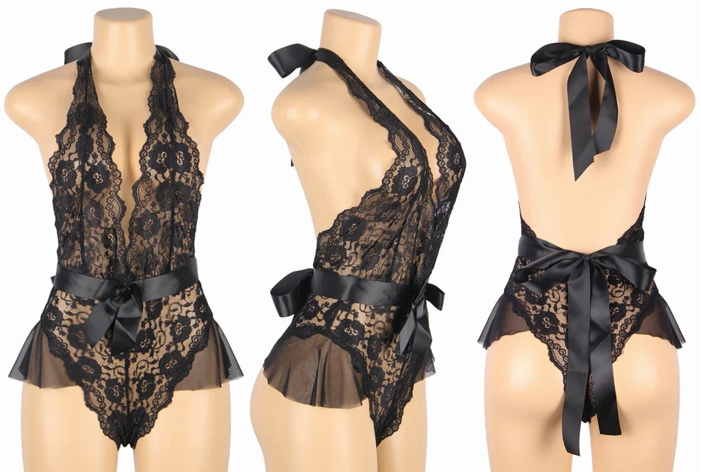 Backless Bodysuit Womens One Piece Floral Lace Bodysuit 5XL XXXL Halter V Neck Teddy Lingerie See Through Negligee Babydoll