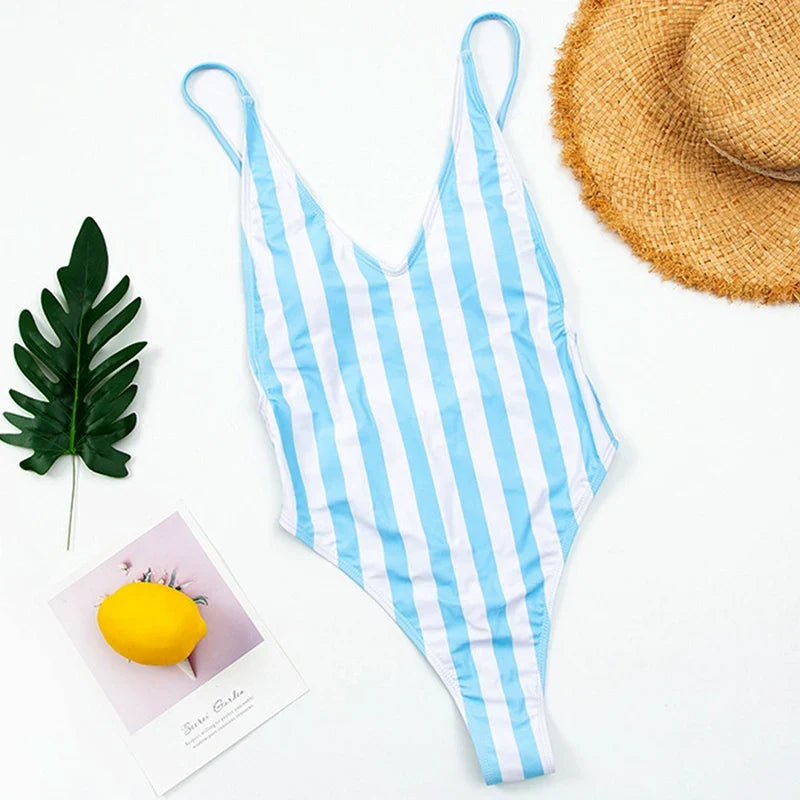 2025 Sexy Backless Striped Women Swimwear One Piece Swimsuit Female monokini High cut Trikini V Neck Bathing Suit Swim Bodysuit