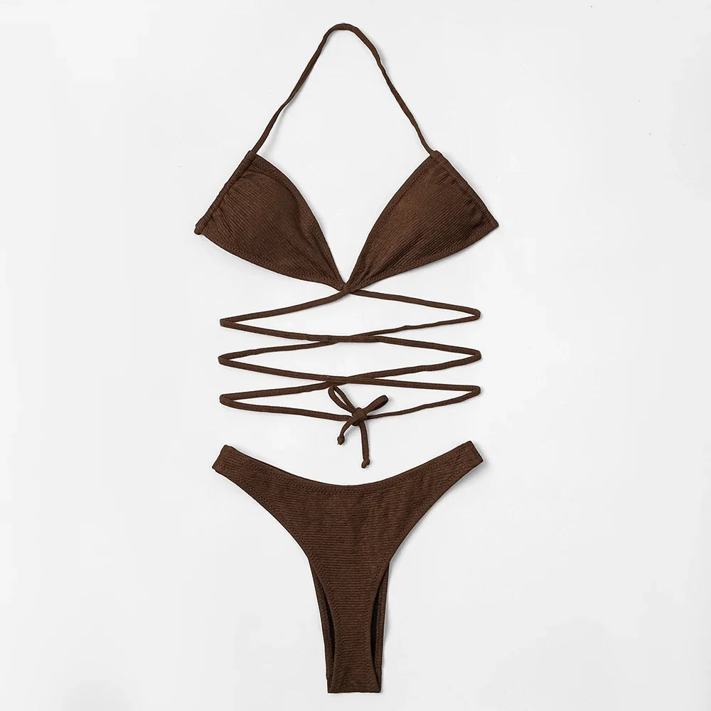 ZTVitality Solid Ribbed Bandage Wrap Around Bikini 2025 New Halter Padded Bra  High Leg Sexy Swimsuit Beach Wear Swimwear Women